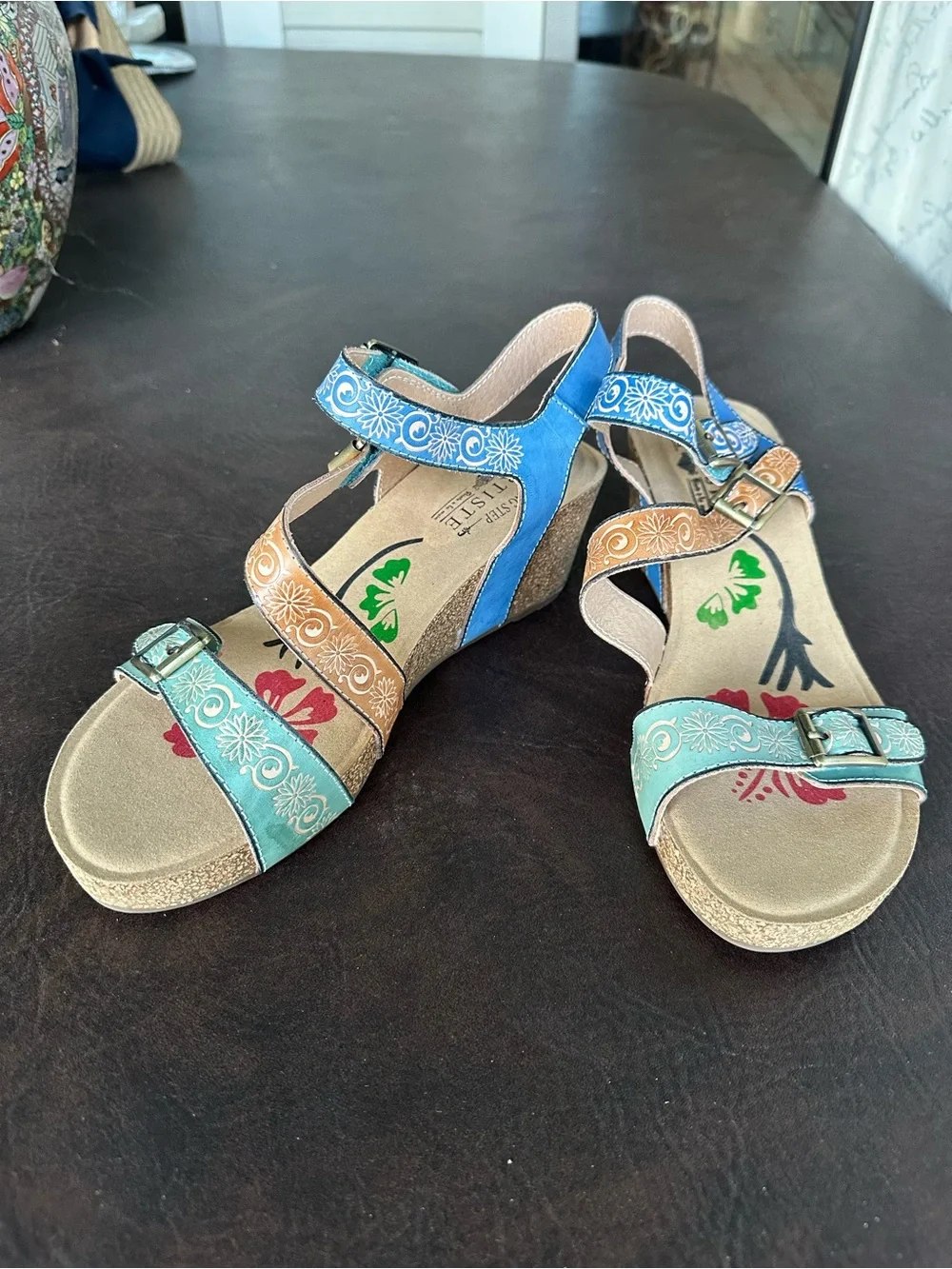 NEVER WORN - Spring Step Teal Blue and Tan Floral Embroidered Wedge Sandals
